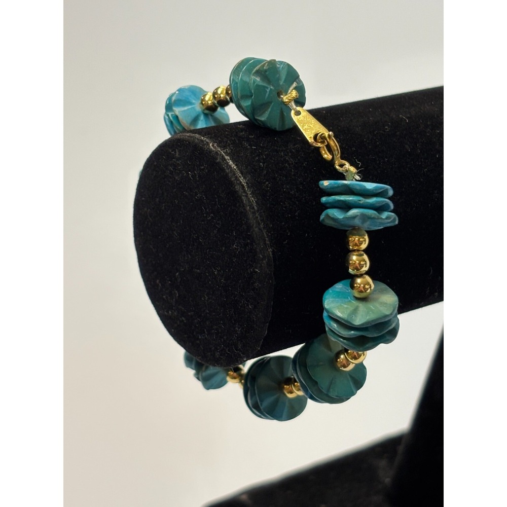 Bracelet Blue and Gold Tone‎ Beads Vintage Boho - Picture 5 of 7